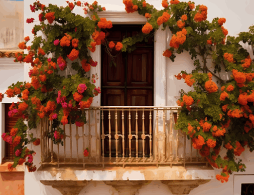 Spanish Balcony - Red Flowers Adorning White